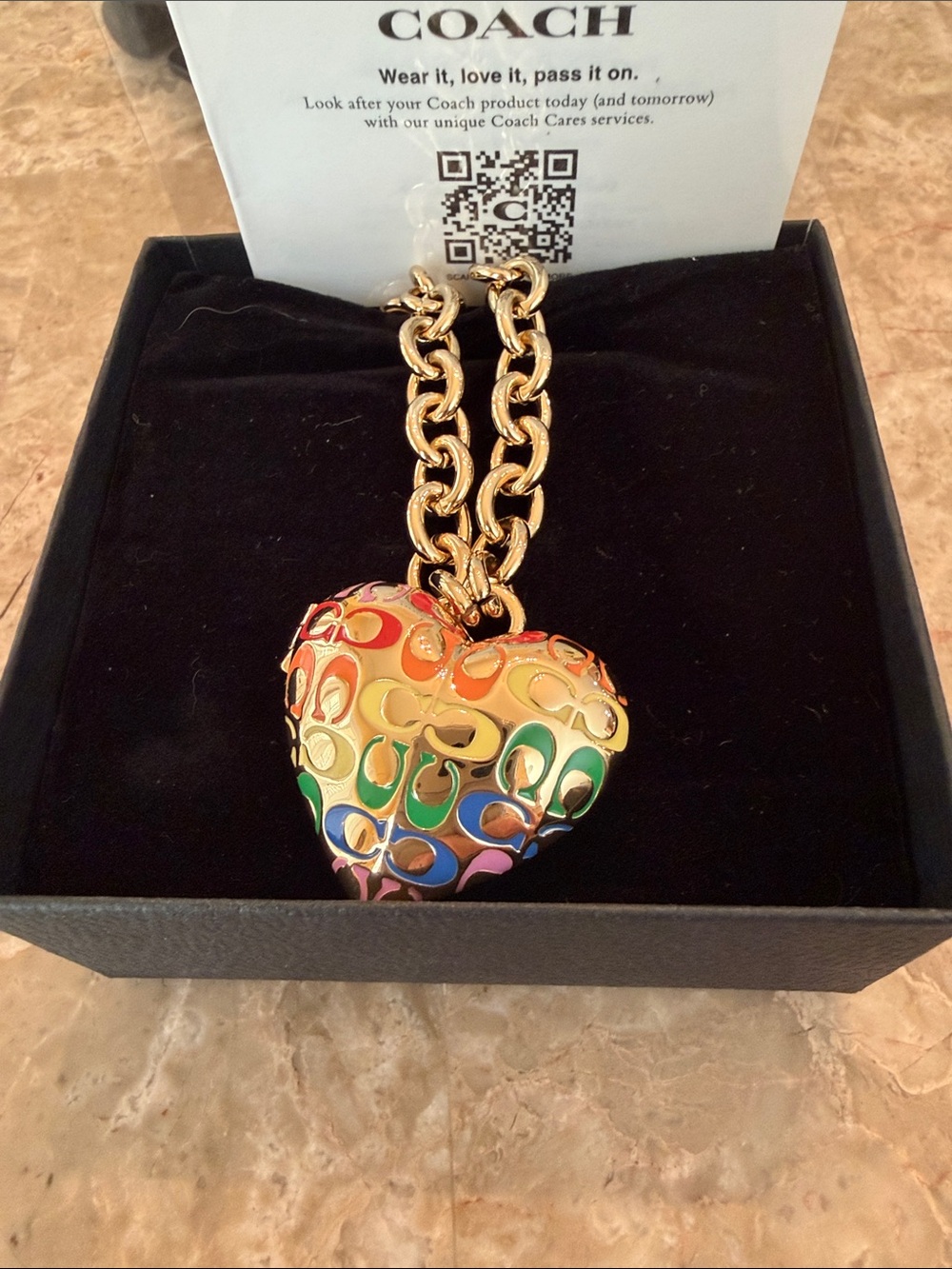 Coach Gold-Tone Link Necklace with Multicolor Enamel Heart Locket/pendant NWT - Picture 4 of 17